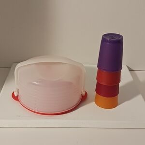 Tupperware Round Mini Cake Carrier, Taker & Tumblers  - NWOT